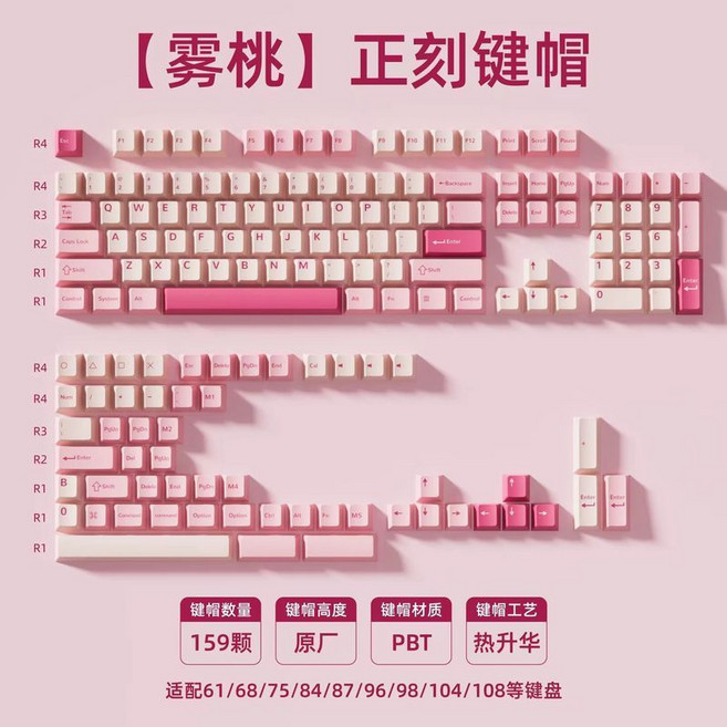霧桃 正刻 PBT 鍵帽 大全套159顆 原廠高度 熱昇華工藝, 大全套霧桃正刻PBT材質鍵帽