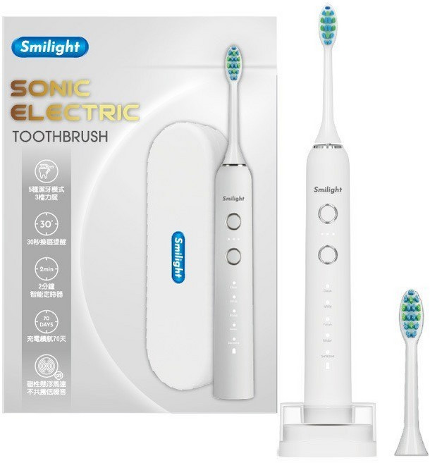 Smilight超聲波電動牙刷組, 1個, 成人電動牙刷-皓月白