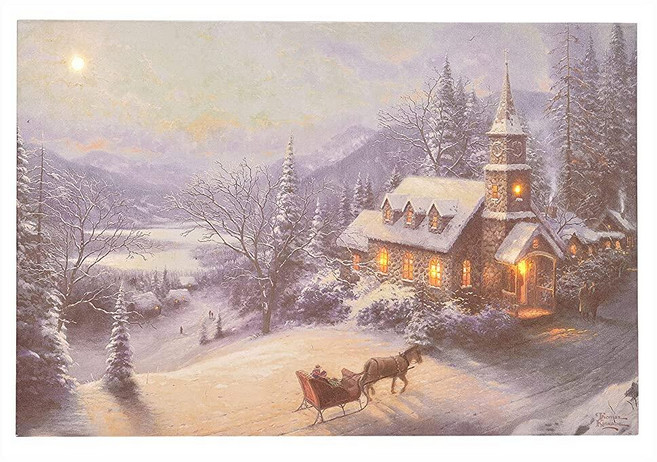 Thomas Kinkade 일요일 저녁 썰매 타기 화이트 61cm x 40.6cm 캔버스 홀리데이 LED 사인, Thomas Kinkade 일요일 저녁 썰매 타기 화이