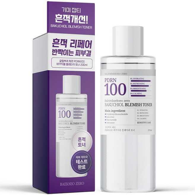 [피부결 8.85% 개선] 살림백서 제로 PDRN100 바쿠치올 블레미쉬 토너 200ml 기미 잡티 완화 흔적 주름 개선, 1개