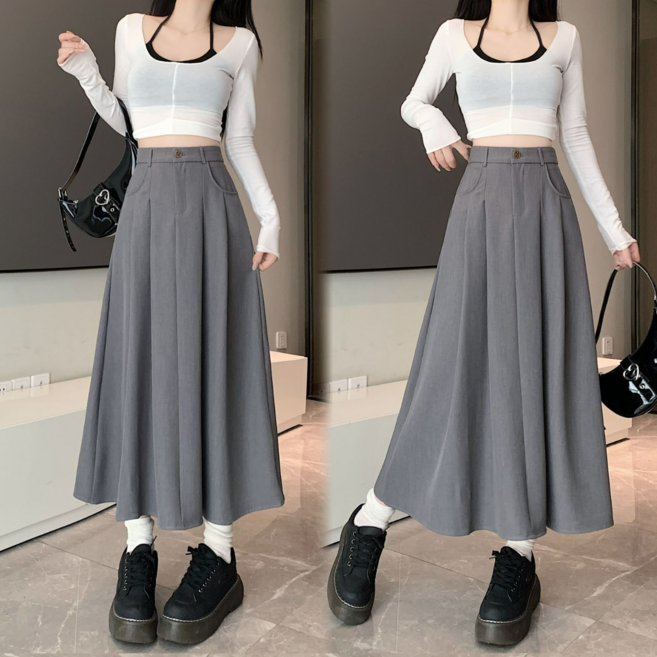 Asure 여자 정장 롱스커트 하이웨스트 A라인 플리츠스커트 오피스룩
