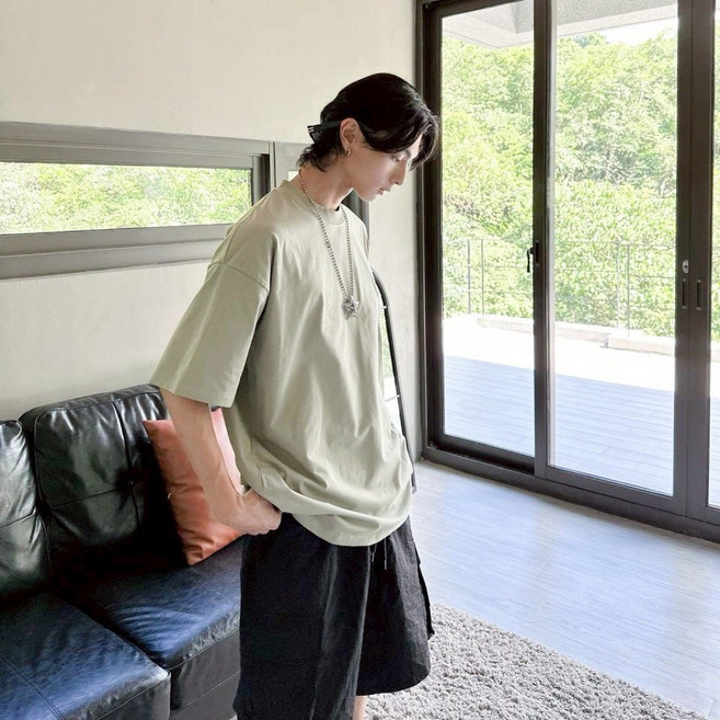 【JES】SORONA涼感素T 素面涼感T 彈性親膚透氣冰涼潮流百搭情侶短袖圓領上衣短T, 灰綠,XL