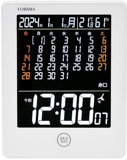 Formia 포르미아 전파 시계 알람 시계 두고 겸용 온도 습도 달력 - 소형 날짜 요일 육요일 전자음 스누-즈 디지털 AC 어댑터 - 포함 밝기 조정 호도가야 전자 판매 화이트, 상세페이지 참조