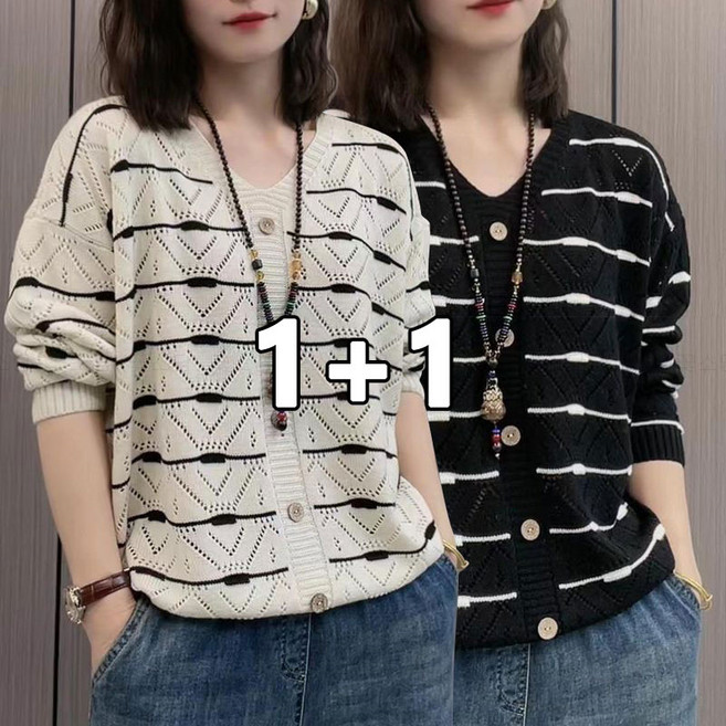 꽃소담 1+1 중년여성 봄 여름 스프라이프 긴팔 니트 티셔츠 HXY26A402