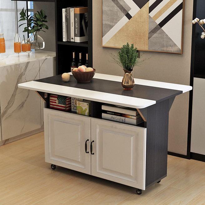 노르덴 모던인테리어 북유럽스타일 확장형 키친 아일랜드 수납형 테이블 이동식 접이식, 4인용, 도어형-화이트블랙