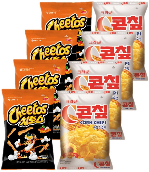 롯데 크라운 스낵모음 치토스 매콤달콤 82gx4개+C콘칩 70gx4개 (총8개), 1세트, 608g