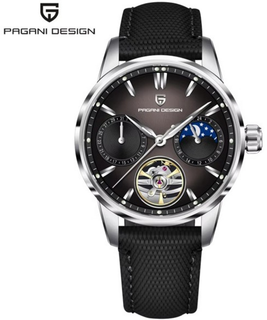 호환 2025년 신제품 파가니 디자인 투르비용 식 남성 시계 급 문페이즈 자동 시계 남성 방수 발광 가죽, [05] Black