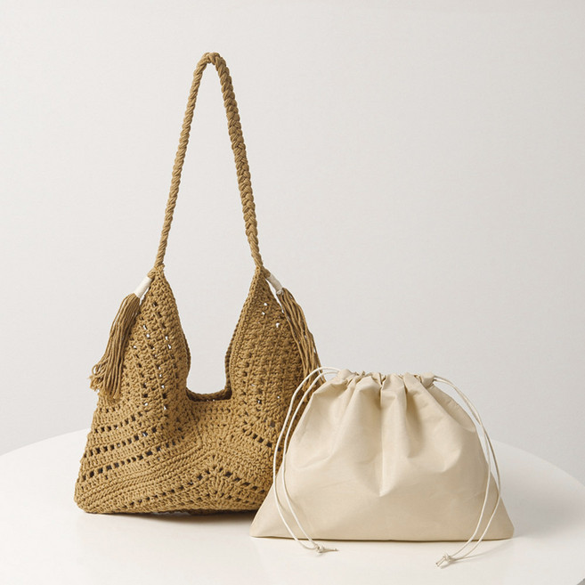 엔도르시 여성용 라탄 여행 그물 니트 데일리 숄더백 EBA352