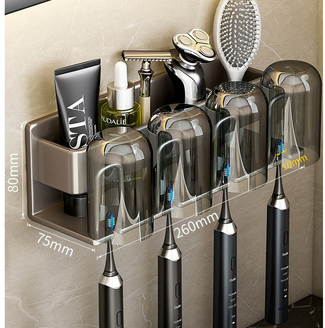 앨오앤지 대형 접착스티커로 튼튼하게 잡아주는 무타공 칫솔걸이+양치컵, 1개, 그레이 4구세트