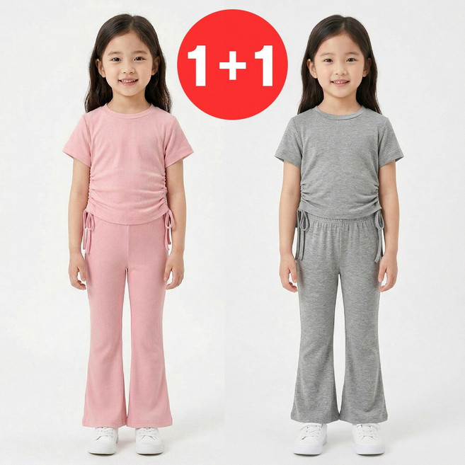 지디오 키즈 여아 상하의 세트 2개 셔링 크롭 반팔티 부츠컷 밴딩 팬츠 유아 여름 트레이닝복