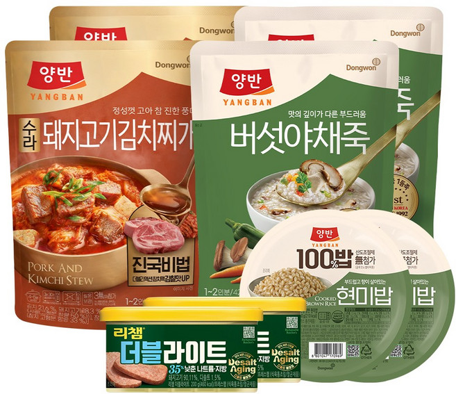 [동원한끼세트] 양반 수라 돼지고기 김치찌개 460g x 2P + 버섯야채죽 파우치 420g x 2P + 리챔 더블라이트 200g x 2P + 양반100밥 현미밥 130g x 2P