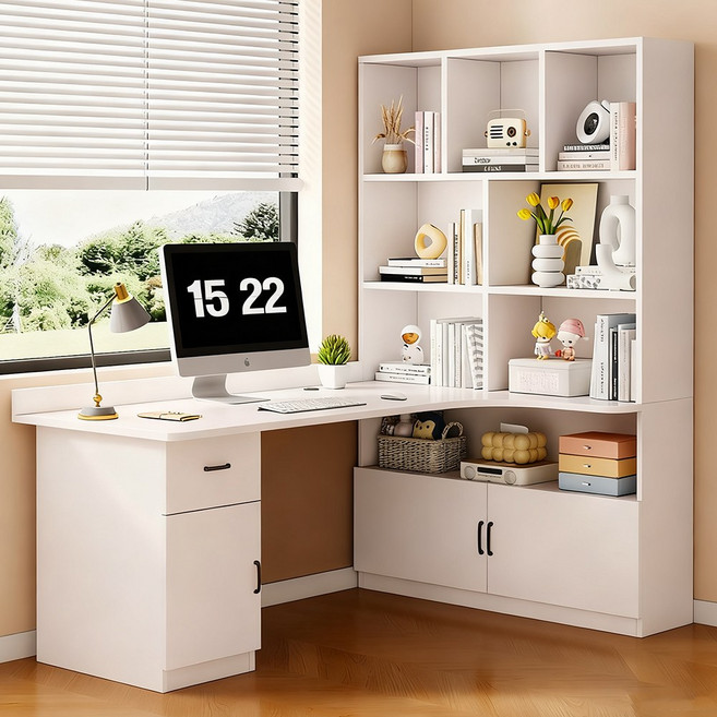 책장 책상 일체형 컴퓨터/공부/게이밍 ㄱ자 책상 고등학생/학생 책상, 화이트(A)