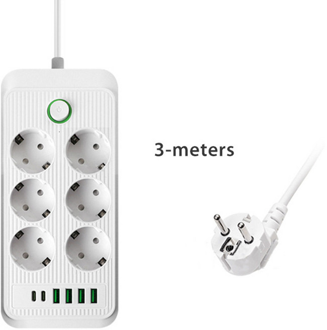 홍언목요 멀티탭 콘센트 6구 고용량 안전 접지 멀티탭 2type-C 4USB 충전, 1개, A 화이트, 3m