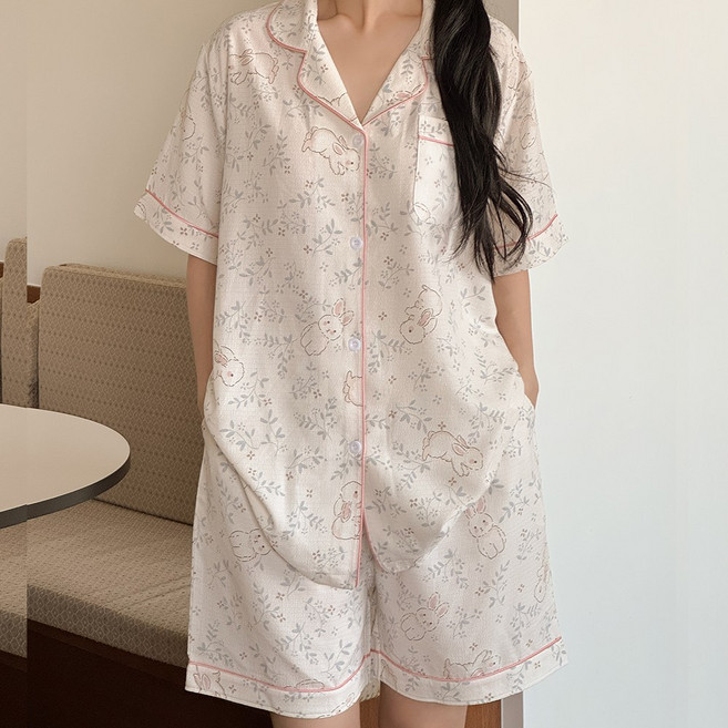 MARIQUE 여성 소프트 반팔 카라 파자마 수면 잠옷