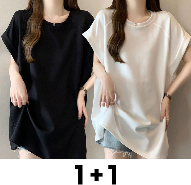 Neirny 1+1 여성 빅사이즈 라운드넥 반팔 티셔츠 여름용 냉장고 오버핏 심플 데일리 패션 하객룩 편한 쿨링 미디엄 상의 2매입