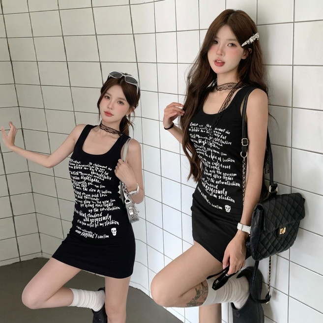 【梨卡】隔日到貨 女裝 洋裝 短裙 連身短裙 顯瘦包臀 背心連身裙 復古包臀裙 美式短裙 包臀裙HZ110, 黑色