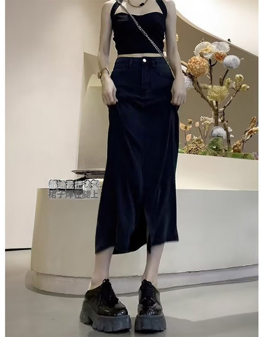 DFMEI 黑色天絲牛仔半身裙女夏季大碼胖妹妹遮肉顯瘦a字中長款包臀裙子