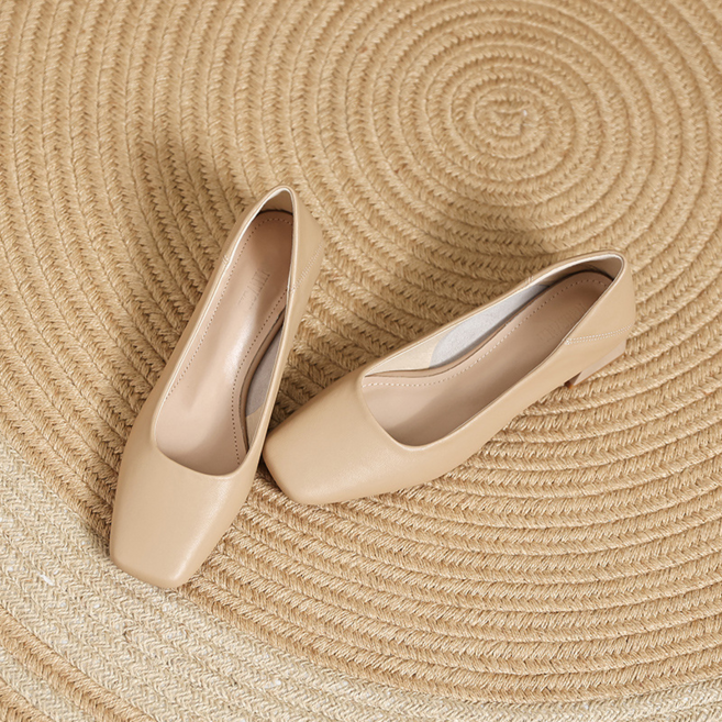 真皮方頭粗跟單鞋 法式中跟通勤女鞋