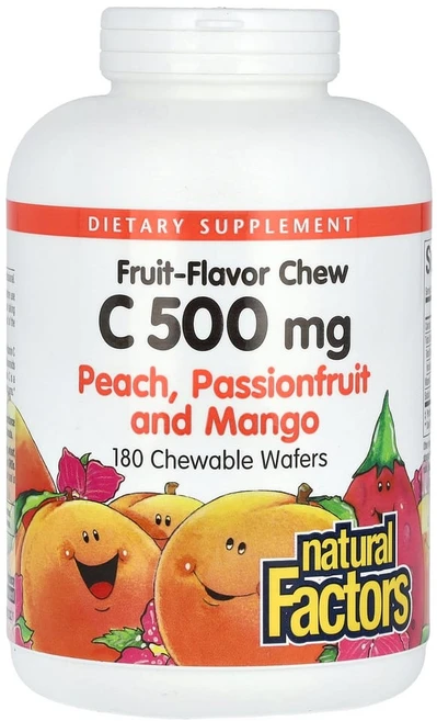 네츄럴펙터스 과일맛 츄어블 비타민C 복숭아 패션프루트 및 망고 500mg 츄어블 웨이퍼 180개, 180 개, 1개 - 쿠팡