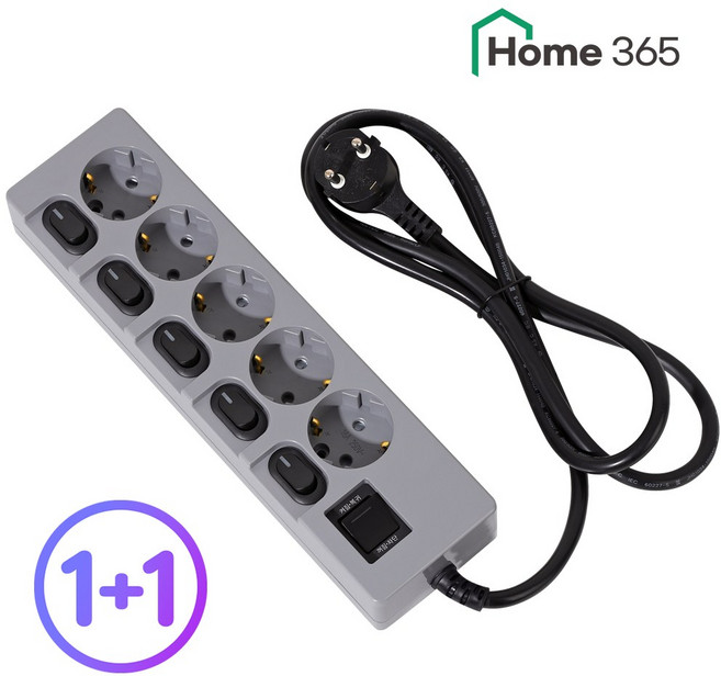 1+1 홈365 국산 개별멀티탭 5구 멀티탭 0.7m 1.5m 3m 5m 7m 10m / 16A 멀티콘센트, 2개, 0.7cm, 개별스위치 5구 그레이