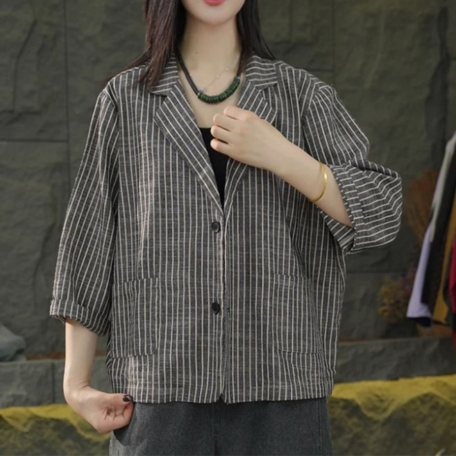 Makone 여성 루즈핏 9부 소매 스트라이프 블레이저 양복 자켓 정장 상의 캐주얼