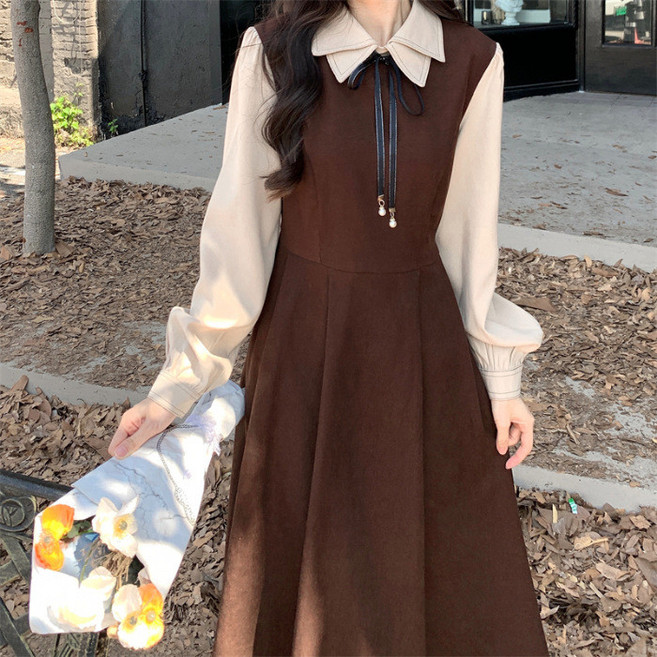 復古學院風長袖連衣裙 顯瘦法式長裙 女裝秋冬新款, 棕色,XL