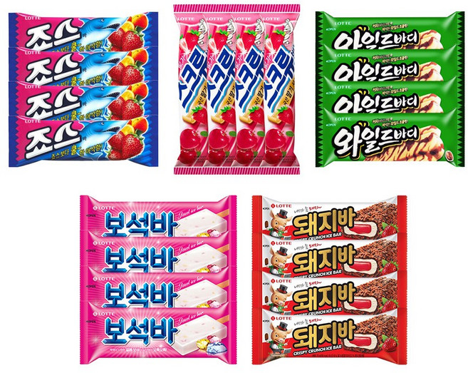 바 아이스크림 5종 상품 세트 구성 (죠스바 / 스크류바 / 와일드바디 / 보석바 / 돼지바), 20개, 75ml