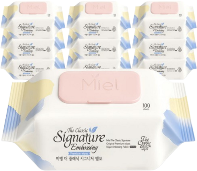 미엘 시그니처 엠보싱 아기물티슈 캡형 100매 10팩 도톰한 저자극 약산성, 55g