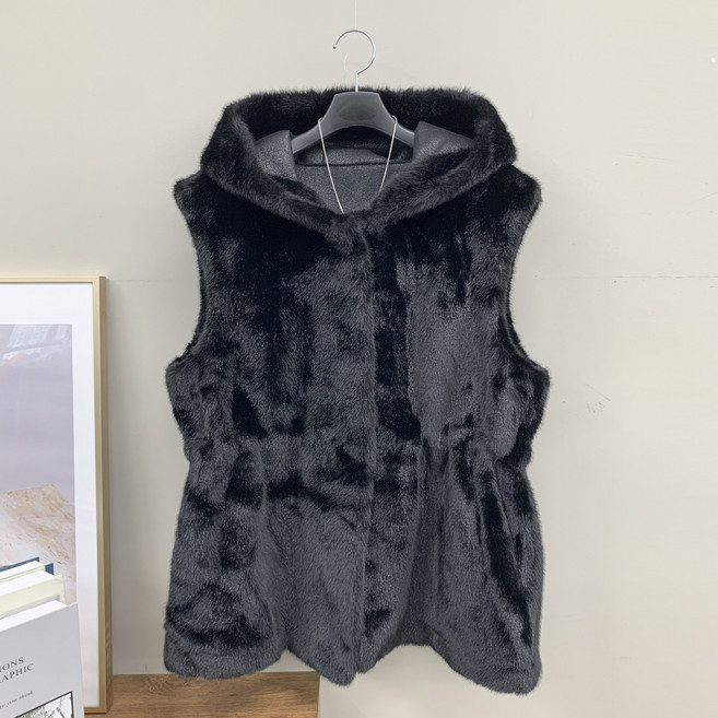 [행복여] 라이즈 허리 스트링 하프 후드 밍크 조끼