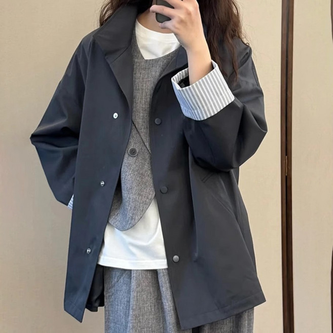 AOKADA 여성 봄 가을 심플 숏 트렌치 코트 루즈핏 캐주얼 스탠드칼라 얇은 아우터