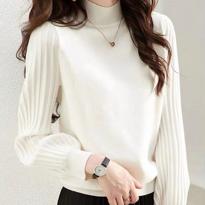 여성 반목 반폴라 소매 플리츠 퍼프 긴팔 니트 티셔츠 볼륨소매플리츠반폴라니트