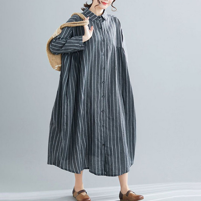 ORZQU 춘추 여성 루즈핏 스트라이프 셔츠 스커트 상의 문예 빅사이즈 코트