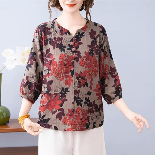 besteffie 티셔츠 중년여성 여름 마 루즈핏 잔꽃 패턴 오버핏 캐주얼 빅사이즈 엄마옷 얇은 7부티셔츠 C58