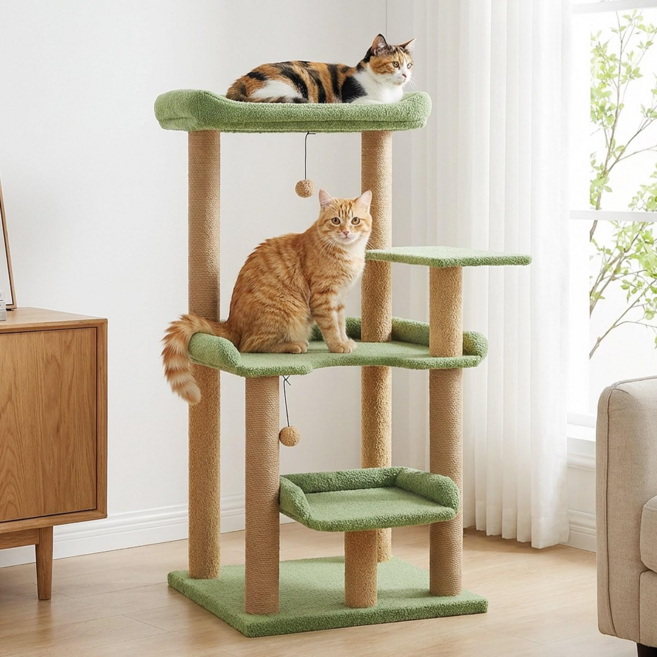 PAWZ Road 4단 패브릭 대형 플랫폼 고양이 캣타워 큰 사이즈 휴식공간 + 면끈 스크래쳐 + 낮은 단차, 1개, 그린