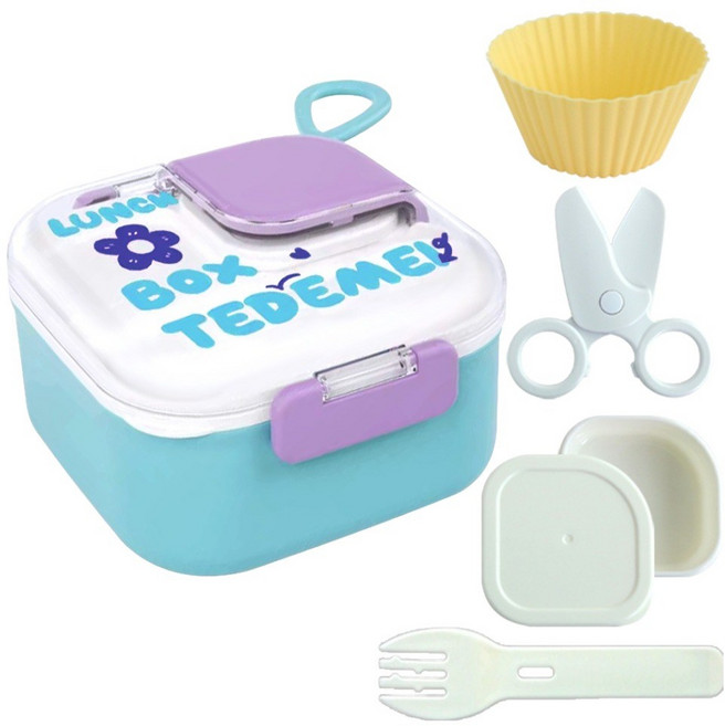 쑥쑥 나눔도시락 + 가위 + 포크 + 소스통 세트, 블루(핸들), 1세트