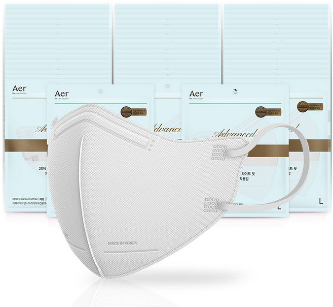 아에르 여름마스크 어드밴스드 라이트 KF80 새부리형마스크 블랙 화이트 그레이 마스크 소형 중형 대형, 1개입, 50개, 화이트 중형