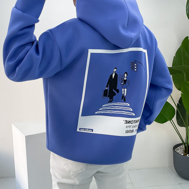 프롬엘 남녀공용 네오프렌 레옹 프린팅 오버핏 후드티셔츠(3COLOR)