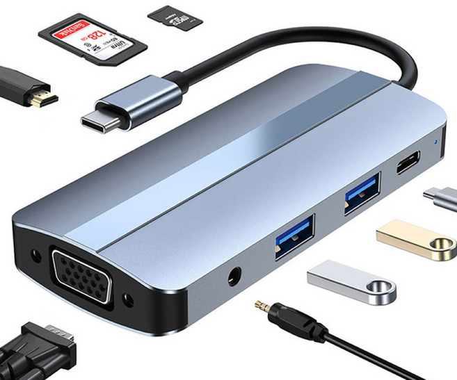 TYPE-C轉USB 4K HDMI 擴充 PD 轉接器 MacBook 讀卡機 HUB 擴展塢, 八合一, 銀色, 1個, 八合一