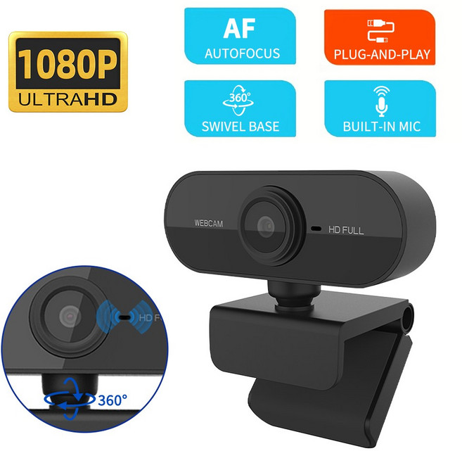 HULULU 1080P HD 웹캠 내장마이크 화상회의 온라인수업 방송용 USB 카메라, 블랙, 004