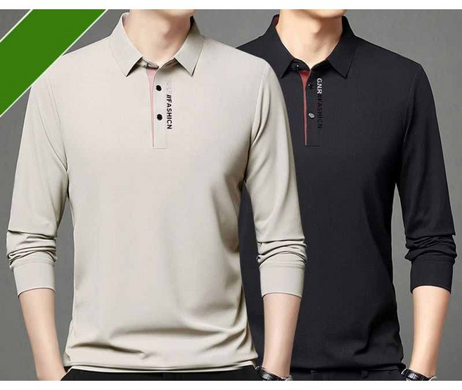 1+1 남성 폴로넥 긴팔 티셔츠 남성 봄가을 긴팔 폴로셔츠 고급 얇은 솔리드 컬러 캐주얼 티셔츠 JXH