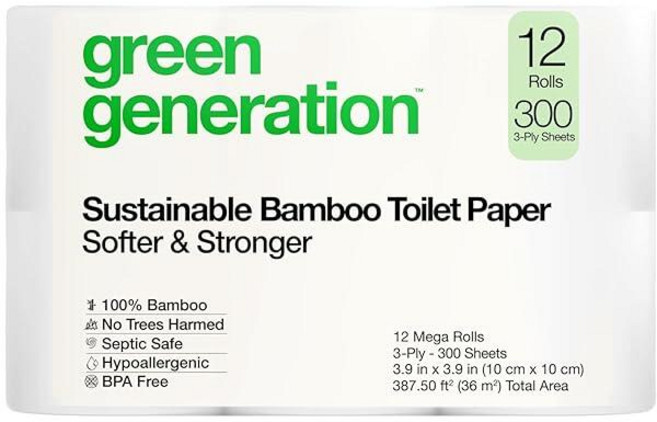 Green Generation 대나무 화장지 - 12롤 3겹 300장/롤 - 무독성 화장지 유기농 정화조 안전 - BPA 프리 지속 가능 부드러움 FSC 인증 - 가정