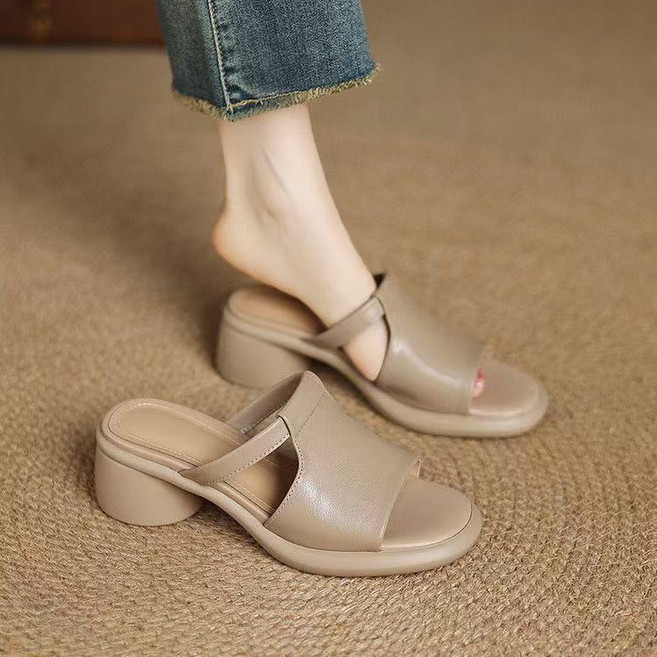 Ashysnow 통굽 슬리퍼 여성 여름 빈티지 부드러운 가죽 컴포트 일자 통굽 슬리퍼 5cm