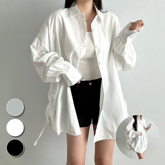 핏몬 여성 빅사이즈 루즈핏 블라우스 셔링 박시 롱 셔츠 55~99