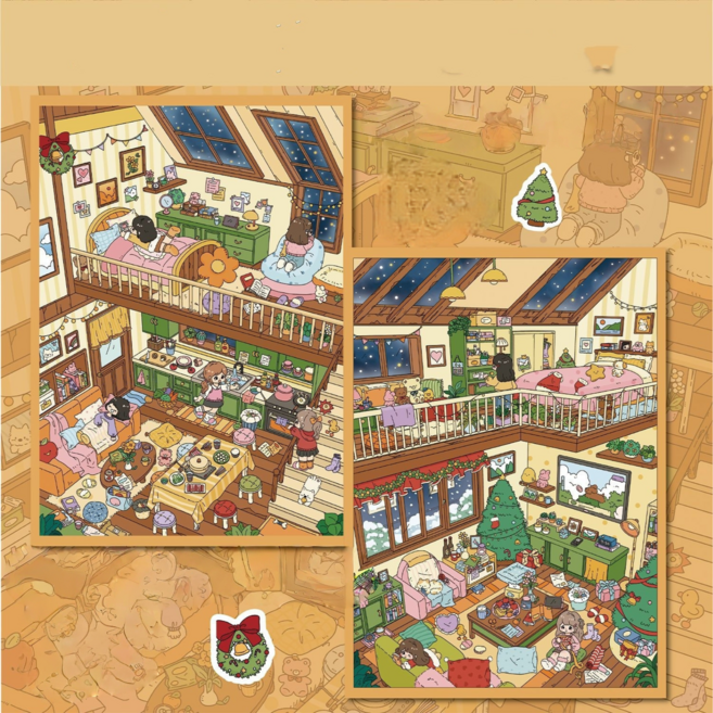 [겨울밤의 집 안 이야기] 숲 속 다이어리 30.0 3D 집 꾸미기 스티커 빅사이즈 2종세트(핀셋포함), 1세트, 혼합