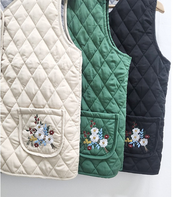 큐비엔 부인용 할머니 겨울 바람막이 촌깡스 패딩 꽃자수 김장조끼 1P