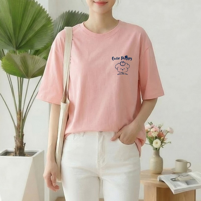 스타일아유 여성 캐릭터 프린팅 오버핏 반팔티 고중량 240g 컴팩트 면100% 가성비 좋은 라운드 루즈핏 티셔츠 면티 롱티셔츠 2026 여름신상 TS3949