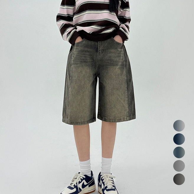 코모도 여성 청 반바지 5부 7부 절개 와이드 버뮤다 데님 반바지