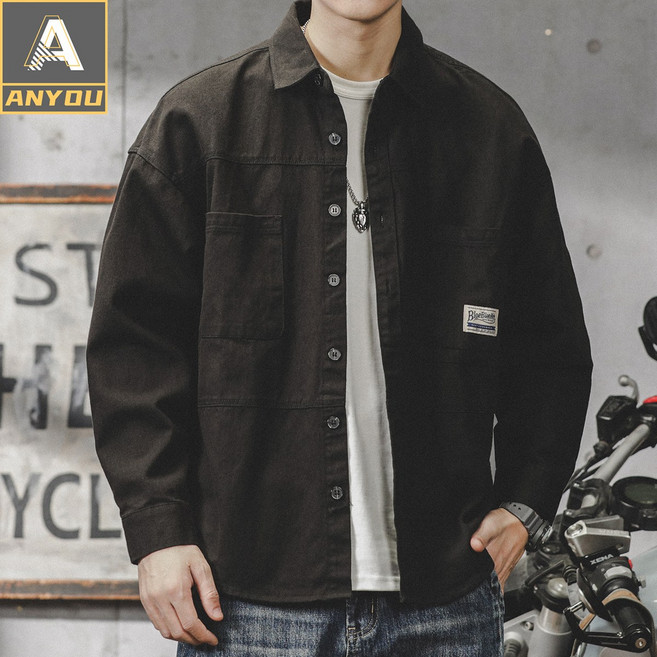 ANYOU 베이직 남성 코튼 셔츠 심플 긴팔 카디건 셔츠