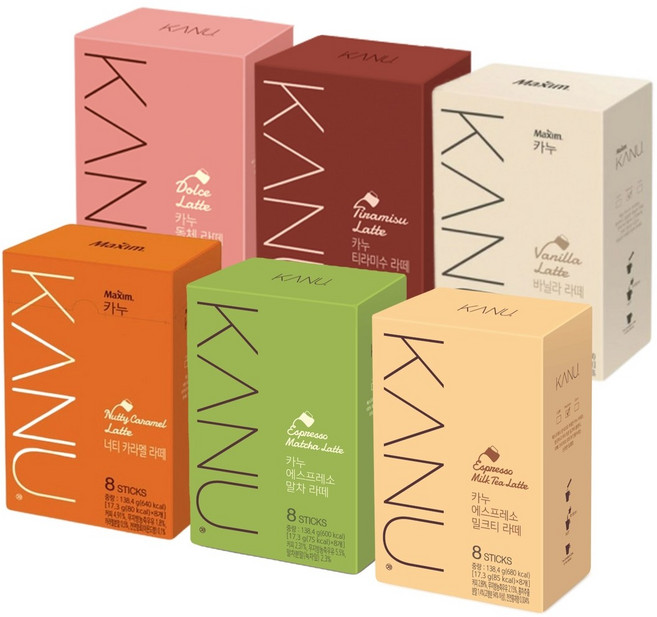 오늘쇼핑기획/동서 맥심 카누라떼 8Tx6종 모음 [돌체라떼 티라미수 바닐라 너티카라멜 말차라떼 밀크티라떼], 8개입, 1개, 138.4g