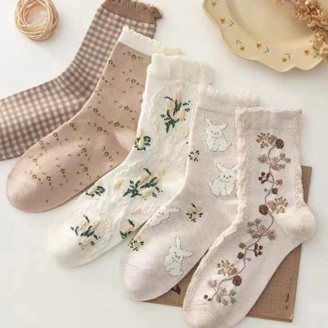 아시안브랜드 여성용 꽃 베이지 양말 5켤레 세트 파스텔톤 중목양말